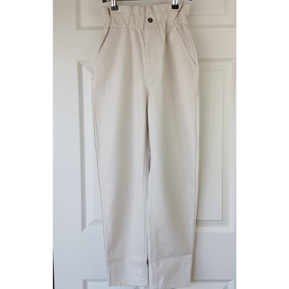 Zara Faux Leather Paper Bag Pants 00 baggy high rise trouser Cream Ecru repaired